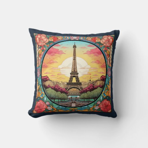 Parisian Sunset Eifel Tower Paris French Floral Throw Pillow
