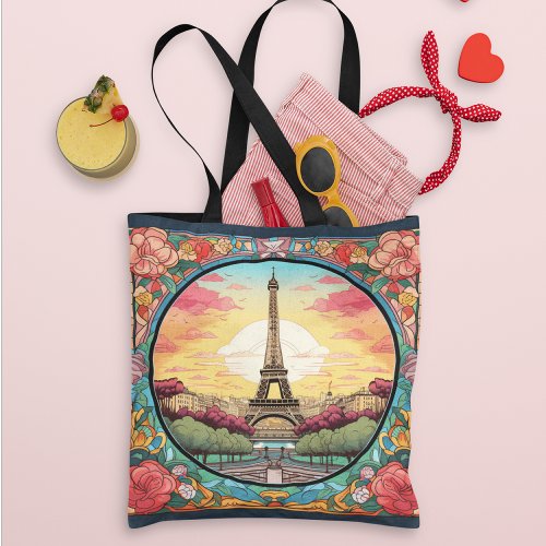Parisian Sunset Eifel Tower Paris French Floral Tote Bag