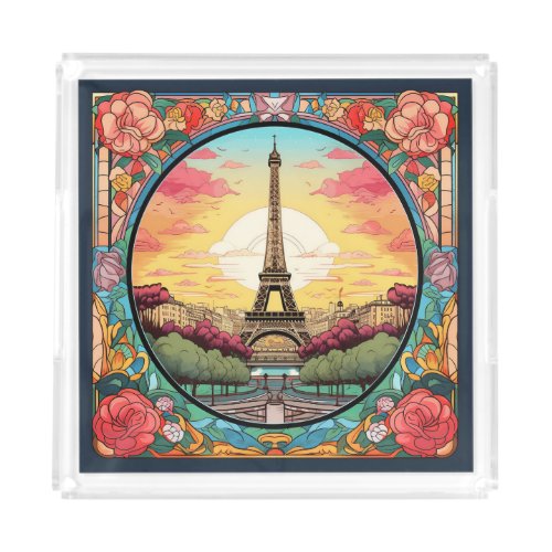 Parisian Sunset Eiffel Tower Paris French Floral Acrylic Tray
