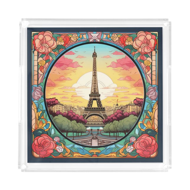 Parisian Sunset Eiffel Tower Paris French Floral Acrylic Tray (Front)