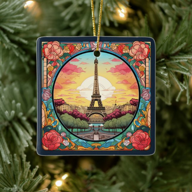 Parisian Sunset Eiffel Tower Paris French Floral Ceramic Ornament (Tree)