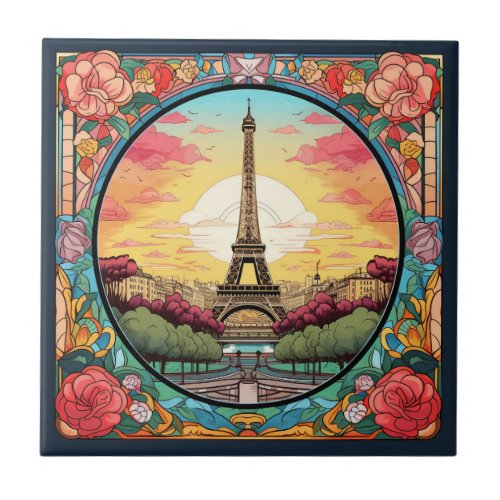 Parisian Sunset Eiffel Tower Paris French Floral Ceramic Tile