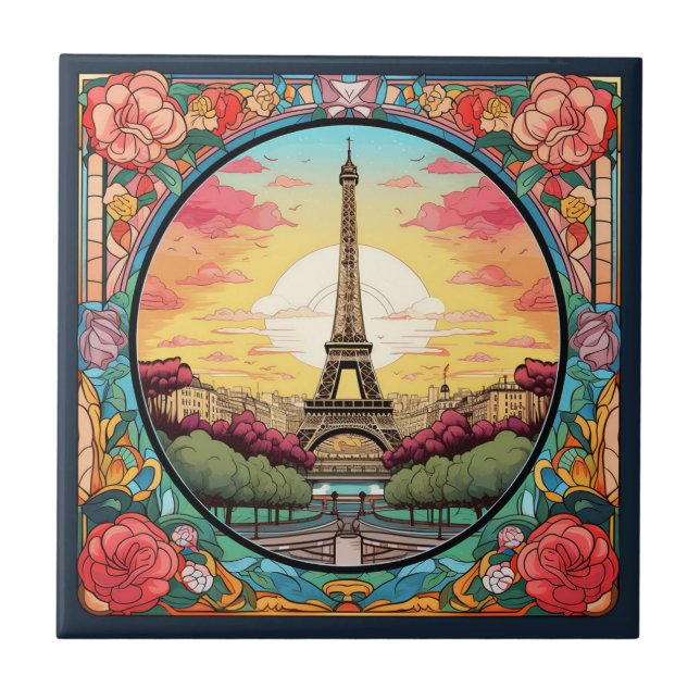 Parisian Sunset Eiffel Tower Paris French Floral Ceramic Tile (Front)