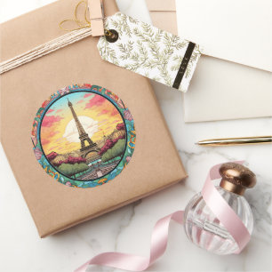 Parisian Sunset Eiffel Tower Paris French Floral Classic Round Sticker