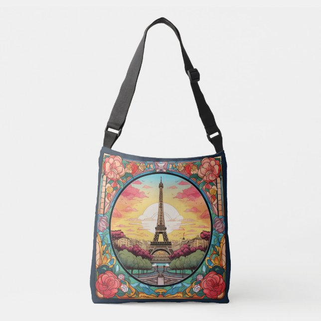 Parisian Sunset Eiffel Tower Paris French Floral Crossbody Bag (Front)