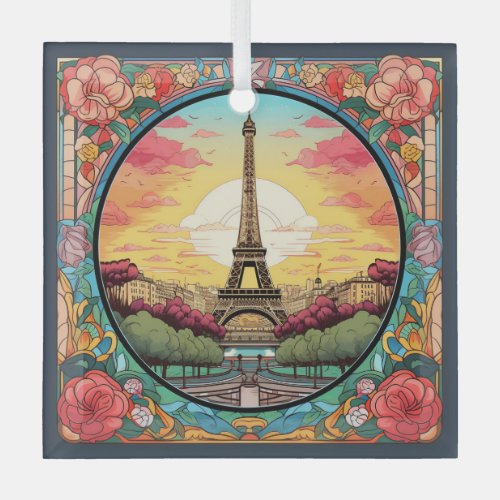 Parisian Sunset Eiffel Tower Paris French Floral Glass Ornament