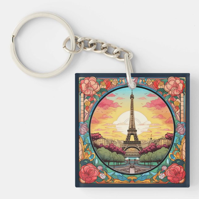 Parisian Sunset Eiffel Tower Paris French Floral Keychain (Front)