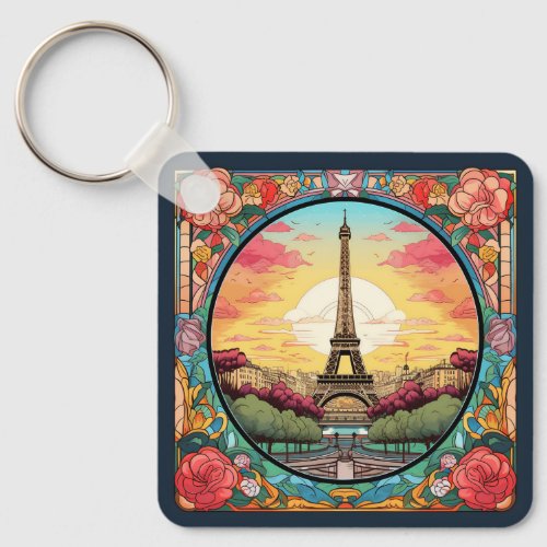 Parisian Sunset Eiffel Tower Paris French Floral Keychain