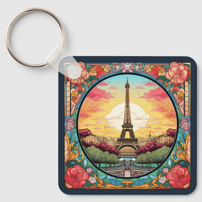 Parisian Sunset Eiffel Tower Paris French Floral Keychain (Front)
