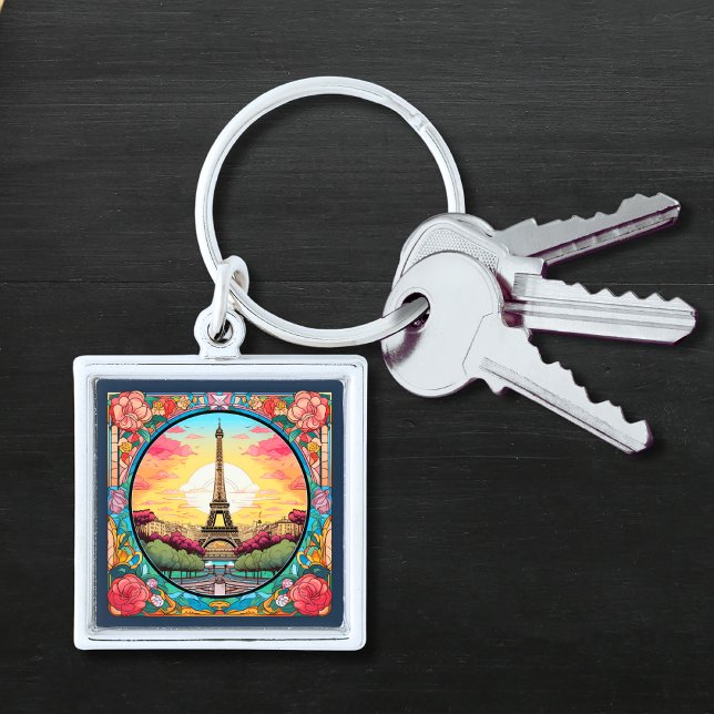 Parisian Sunset Eiffel Tower Paris French Floral Keychain (Creator Uploaded)