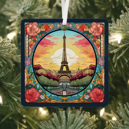 Parisian Sunset Eiffel Tower Paris French Floral Metal Ornament