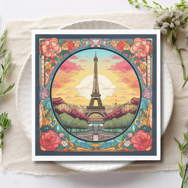 Parisian Sunset Eiffel Tower Paris French Floral Napkins (Creator Uploaded)