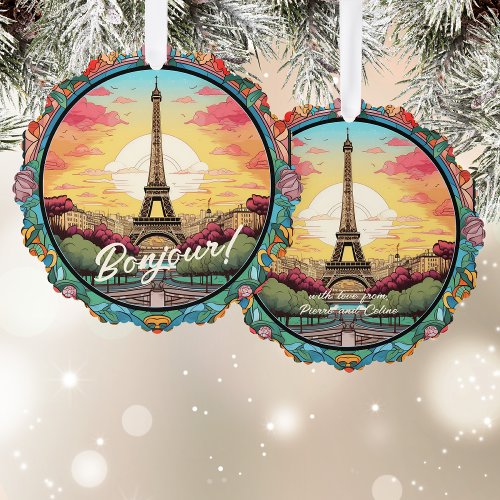 Parisian Sunset Eiffel Tower Paris French Floral Ornament Card