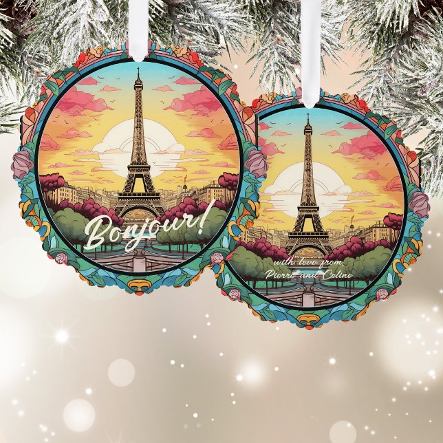 Parisian Sunset Eiffel Tower Paris French Floral Ornament Card (Creator Uploaded)