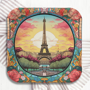 Parisian Sunset Eiffel Tower Paris French Floral Paper Plates