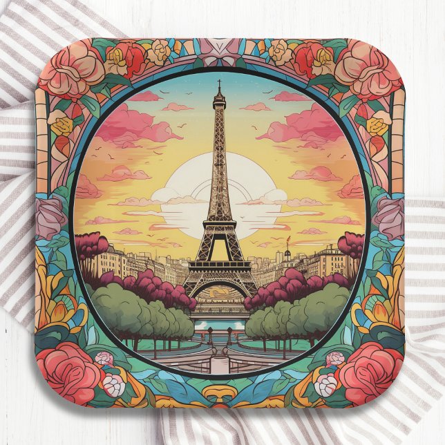 Parisian Sunset Eiffel Tower Paris French Floral Paper Plates (Creator Uploaded)