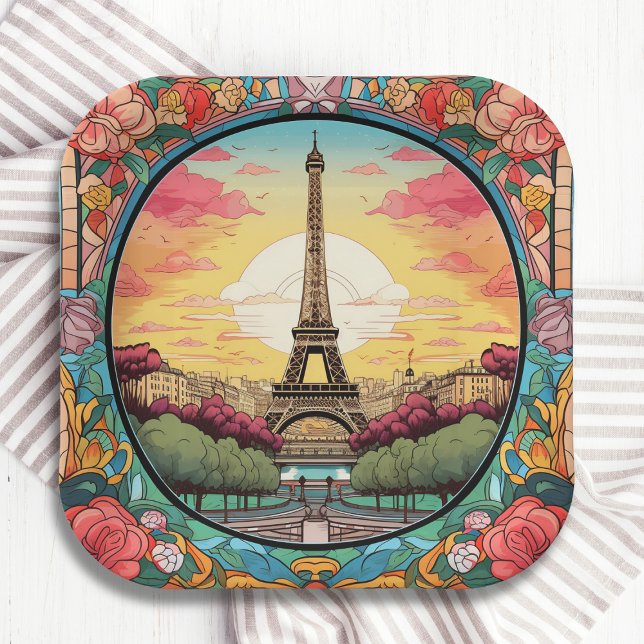 Parisian Sunset Eiffel Tower Paris French Floral Paper Plates (Creator Uploaded)