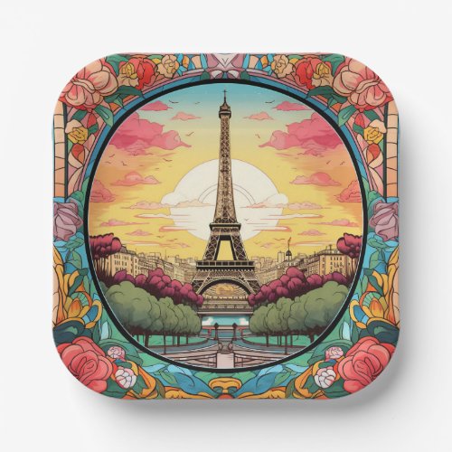 Parisian Sunset Eiffel Tower Paris French Floral Paper Plates