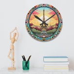 Parisian Sunset Eiffel Tower Paris French Floral Round Clock<br><div class="desc">Bright Parisian Sunset Eiffel Tower Paris French France Floral Clocks features an art deco style Paris sunset with the Eiffel Tower in a bold floral frame. Created by Evco Studio www.zazzle.com/store/evcostudio</div>