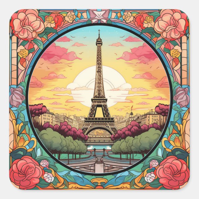 Parisian Sunset Eiffel Tower Paris French Floral Square Sticker (Front)