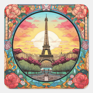 Parisian Sunset Eiffel Tower Paris French Floral Square Sticker