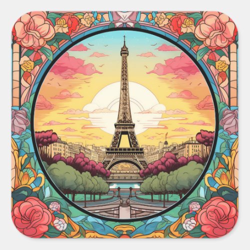Parisian Sunset Eiffel Tower Paris French Floral Square Sticker