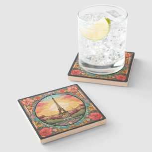 Parisian Sunset Eiffel Tower Paris French Floral Stone Coaster