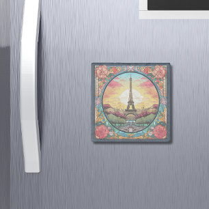Parisian Sunset Eiffel Tower Paris French Floral Stone Magnet