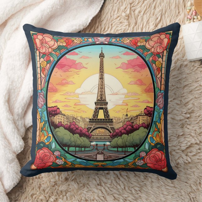 Parisian Sunset Eiffel Tower Paris French Floral Throw Pillow (Blanket)
