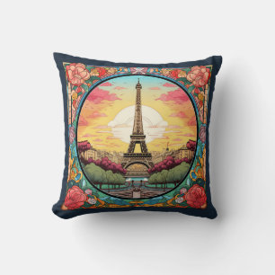 Parisian Sunset Eiffel Tower Paris French Floral Throw Pillow