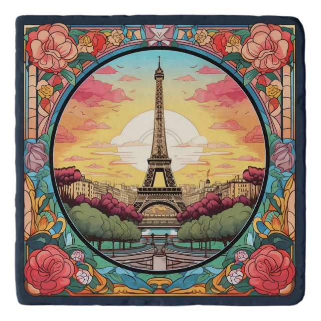 Parisian Sunset Eiffel Tower Paris French Floral Trivet (Front)