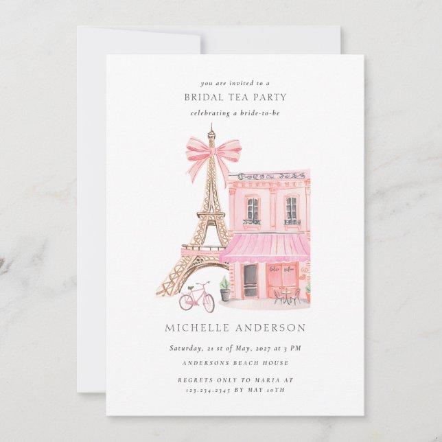 Parisian Tea Party QR Code Bridal Shower Invitation (Front)