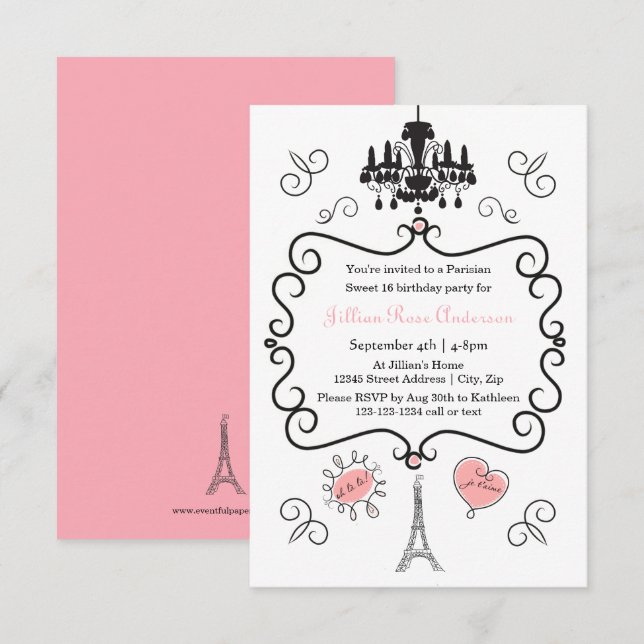 Parisian Themed - 3x5 Birthday Party Invitation (Front/Back)