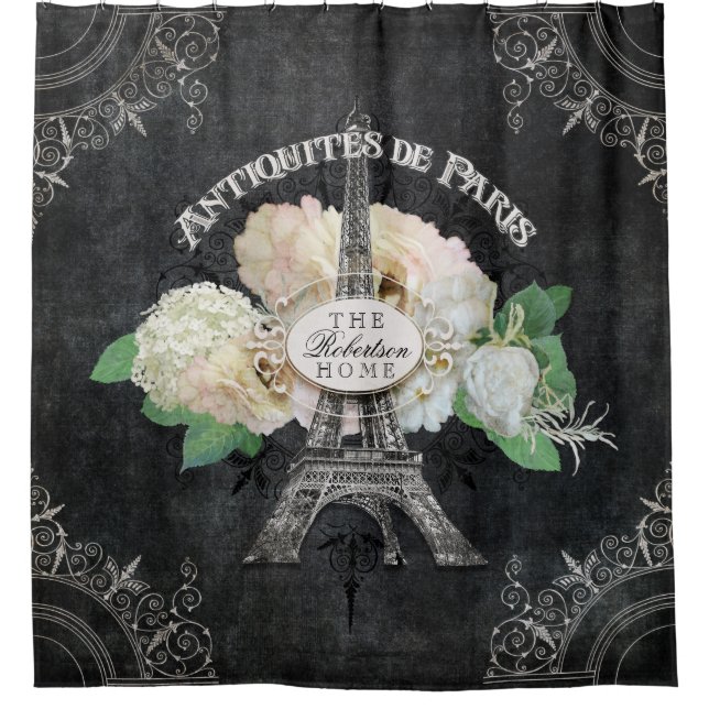 Parisian Vintage Antique Floral Paris Eiffel Tower Shower Curtain (Front)