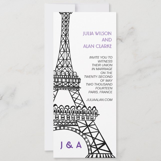 Parisian Wedding Invitation Purple Eiffel Tower (Front)