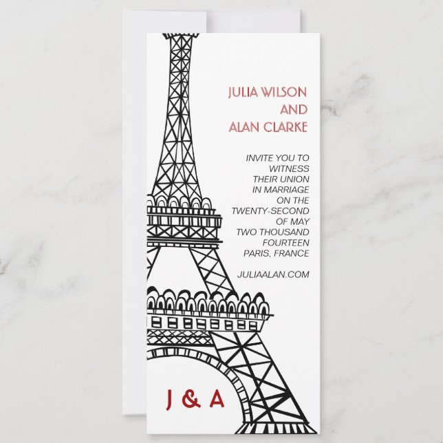 Parisian Wedding Invitation Red Black Eiffel Tower (Front)