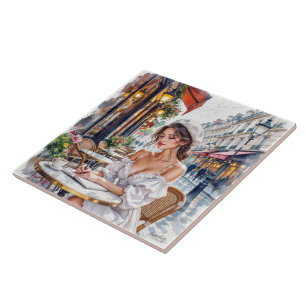 Parisian Women Elegance: Paris Café Street Vibes Ceramic Tile
