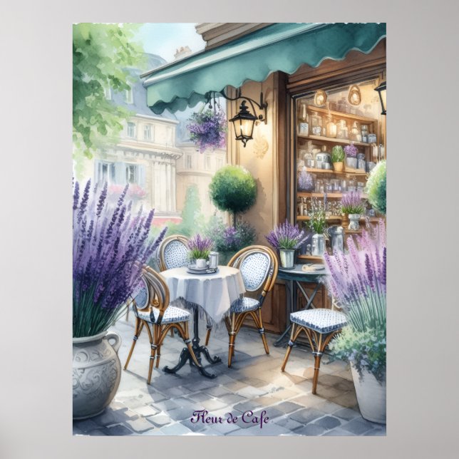 Parisienne Cafe with Lavender Blooms Poster (Front)