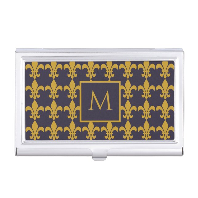 Parisienne Navy Gold Fluer De Lis Monogrammed Business Card Case (Front)