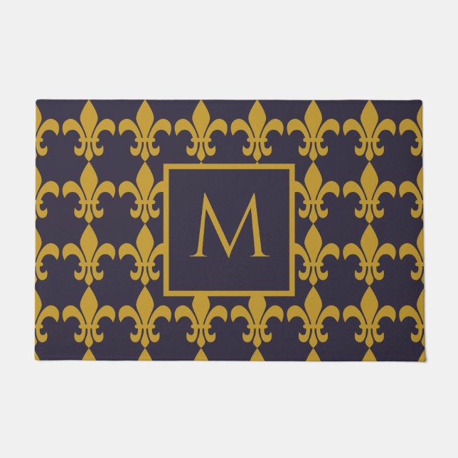 Parisienne Navy Gold Fluer De Lis Monogrammed Doormat (Front)