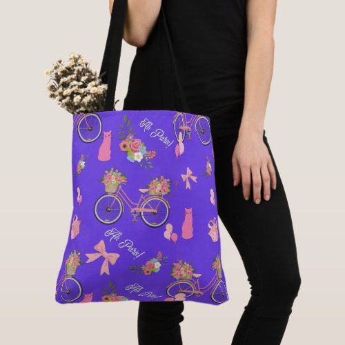 Parisienne Pink Cats and Bicycles Blue Tote Bag