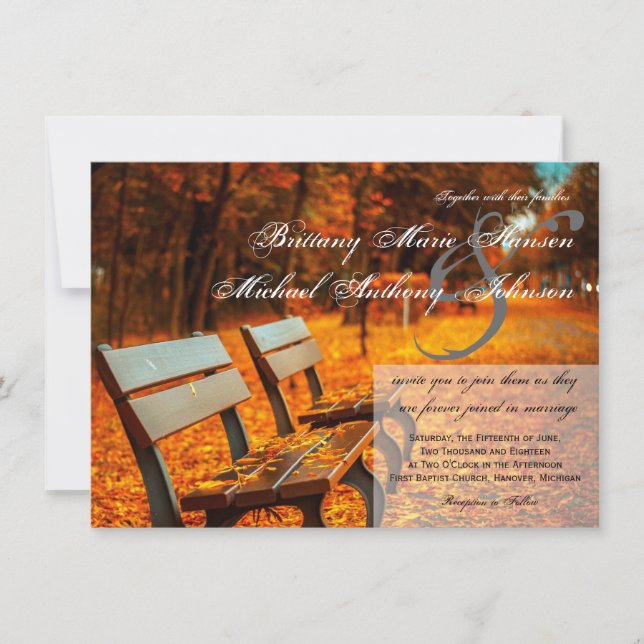 Park Bench Fall Leaves Wedding Invitations (Front)