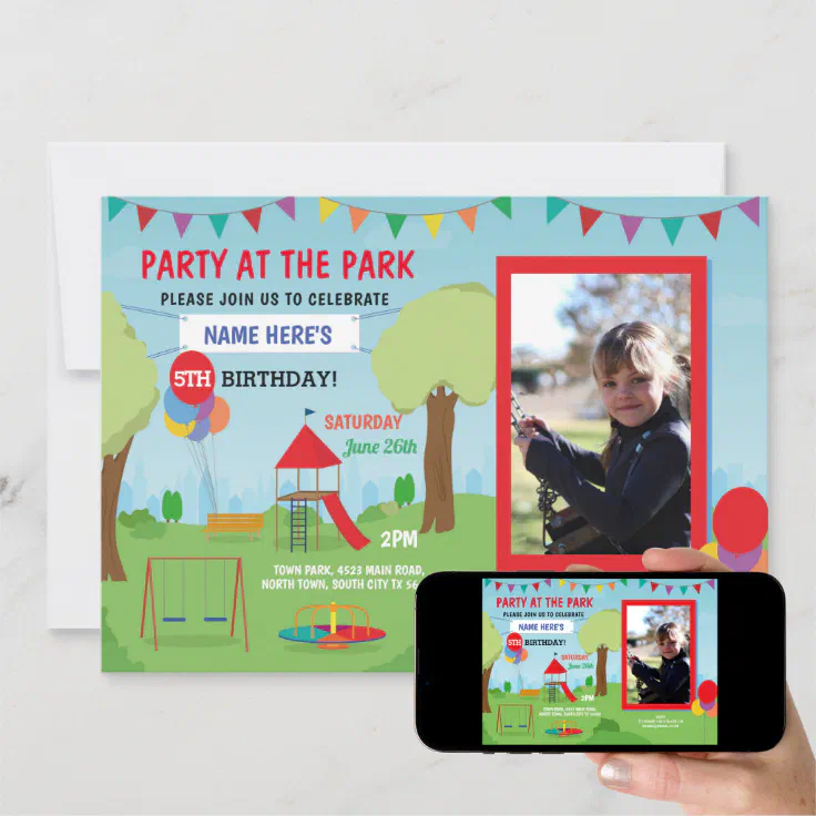 Park Birthday Party Slide Swings Outdoor Photo Invitation Zazzle