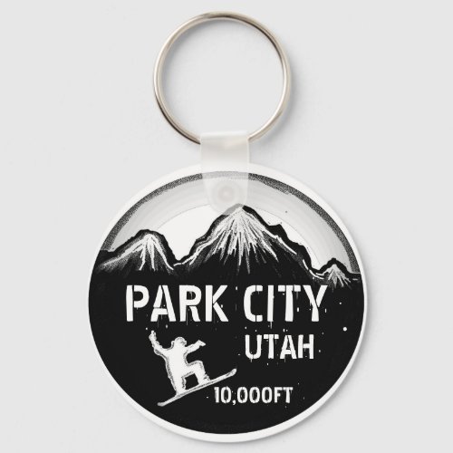 Park City Utah black white snowboard art keychain