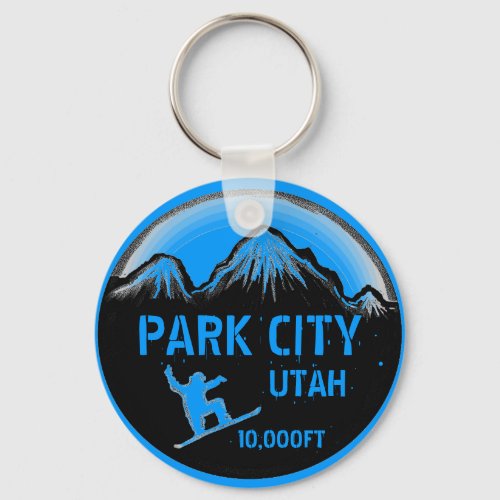 Park City Utah blue snowboard art keychain