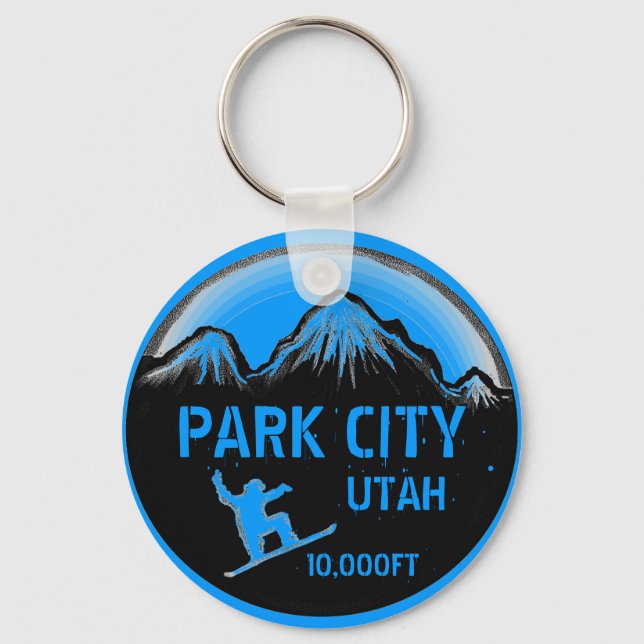 Park City Utah blue snowboard art keychain (Front)