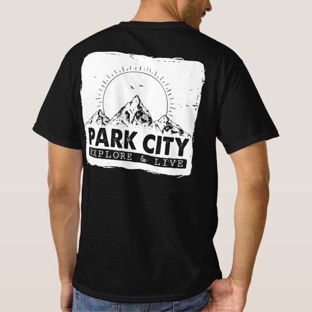 Park City Utah Explore And Live Distressed Hiking T-Shirt (Back)