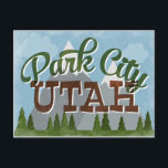 Park City Utah Fun Retro Snowy Mountains Postcard<br><div class="desc">Park City Utah neo vintage travel design in fun retro cartoon style featuring snow capped mountains,  forest and trees below,  blue skies and cool retro script text.</div>