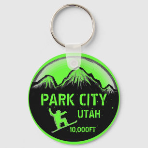 Park City Utah green snowboard art keychain