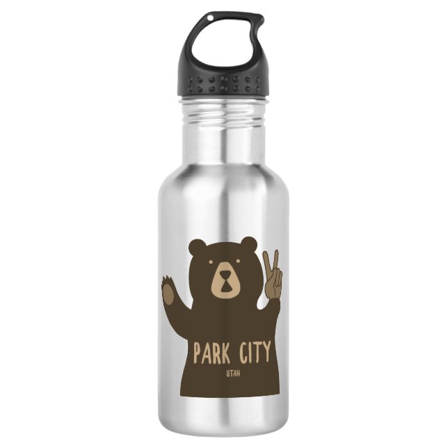 Park City Utah Peace Bear Stainless Steel Water Bottle (Front)